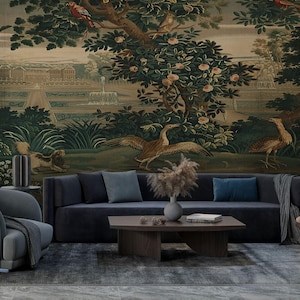 Tapestry Style Garden Wallpaper - Vibrant Botanical Scene with Trees, Birds, and Garden Landscape Wall Mural, Tree Scene Wallpaper