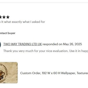 Pu&ograve; includere: Una recensione del cliente con cinque stelle e il testo "Thanks It what exactly what I asked for." La recensione include un logo per Two Way Trading LTD UK e un ordine personalizzato di carta da parati strutturata.