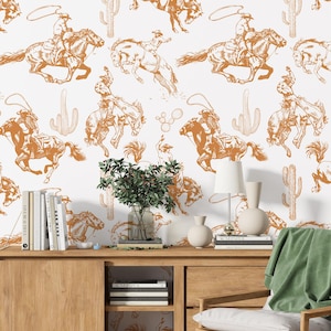 Cowboy Western Removable Wallpaper Peel and Stick - Boho Wild West Cowboy with Horse in Vintage Style Temporary Wallpaper for Renters