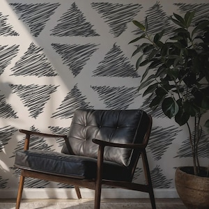 Scribble Triangle Wallpaper, Black and White, Self-Adhesive Peel and Stick
