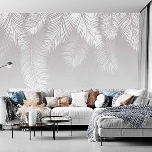 Hanging Palm Leaves Tropical White Wallpaper with Delicate Color Accent • Peel and Stick *self adhesive* or Non-Pasted Vinyl Materials •