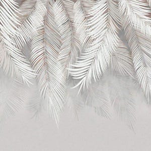 May include: A digital illustration of white palm leaves against a light gray background. The leaves are arranged in a cascading pattern, creating a tropical and elegant design.