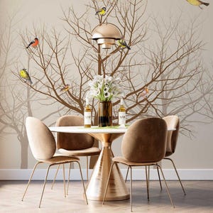 Trees and Birds Wallpaper in Sepia Tones | Removable Wallpaper | Birds and Tree Mural | Peel and Stick Wallpaper | Tree and Birds Wallpaper