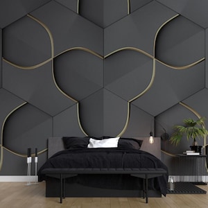 3D Look Abstract Gold Geometric Shapes Wallpaper, Gray Background Living Room Wall Mural, 3D Wall Art Design Custom Size Wall Decor