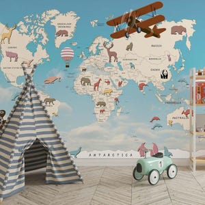 Kinder Tiere Weltkarte mit farbigen Ländern Kinderzimmer Wandbild Tapete Schälen und Aufkleben Große Weltkarte Print Kind Schlafzimmer Tapete