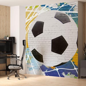 Big Soccer Ball Drawing Wall Look Graffiti Wallpaper, Soccer Ball Wallpaper, Boy&#39;s Room Wallpaper, Black or White Wallpaper, Football Mural