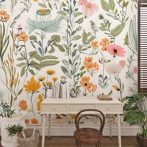 Papier peint fleurs sauvages et feuilles, papier peint floral élégant, papier peint feuilles vert sauge et gris, papier peint Cottagecore, auto-adhésif