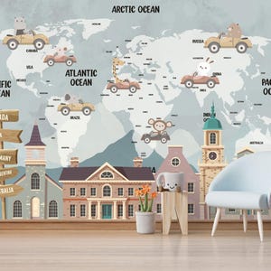 Children's Map Patterned Wallpaper with Car Continent Detail, World Map Wallpaper, Nursery Decor Map Wallpaper, Peel and Stick Wallpaper,