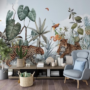 Leoparden und Tropische Blätter Tapete, Wilder Tiger im Tropischen Dschungel Tapetenwandbild, Walddesigntapete