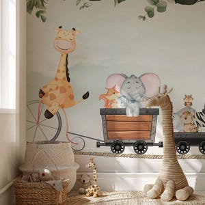 Carta da parati con giraffa e amici in bicicletta, carta da parati con giraffa carina su animali in bicicletta, murale da staccare e attaccare per la cameretta dei bambini, arte per la cameretta dei bambini