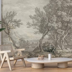 Carta da parati con disegno di foresta in bianco e nero, carta da parati murale con natura in bianco e nero, carta da parati con foresta e città in bianco e nero, carta da parati tradizionale