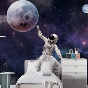 Astronaut man reizen op de maan en de ruimte 3D-behang, planeten in de ruimte behang, ruimte muurschildering, zonnestelsel sterren planeten muurschildering