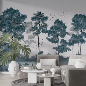 Blue Tree Landscape Wall Mural: Removable Peel and Stick Wallpaper