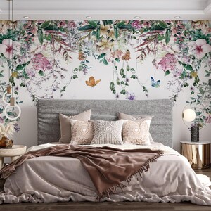 Tropische Blätter und Blumen, die von oben hängen, abnehmbares Wandbild, indische Blumen-Tapete, Blätter und Frühlingsblumen-Wandbild