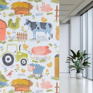 A Day on the Farm Wallpaper, Cute Animals Wallpaper, Colorful Wallpaper,Nursery Wallpaper, Animals on the Farm Wallpaper, Farmyard Adventure