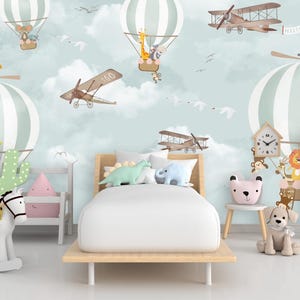 Airplane and hot air balloon wallpaper for kids room Mountain wallpaper for nursery Peel and stick wallpaper for playroom Seamless pattern