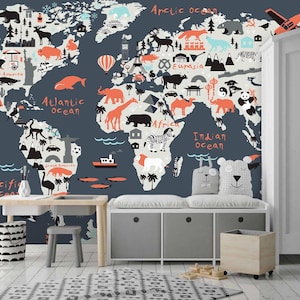 Multicolor Children's Map 3D Wallpaper with Dark Background Animal Patterns, World Map Wallpaper, Nursery Decor Map Wallpaper, Nursery Mural