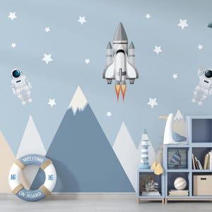 Bergen en astronautenfiguren ruimtebehang, planeten in de ruimtebehang, ruimtebehang, zonnestelselsterren en planetenbehang