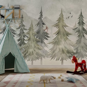 Kids Wallpaper - Mountain and Trees Peel and Stick Wall Mural - Self Adhesive Nursery Wall Art - Child Room Mountain Decor Forest Decal