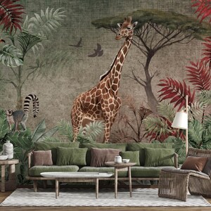 Colorful Leaves and Safari Wallpaper, Safari Animals Wallpaper Peel And Stick Nursey Wall Decor Safari Animals Kids Wall Mural