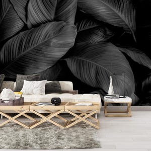 Black Rubber Tree Leaves Wallpaper: Dark Tropical Wall Mural (Peel and Stick)