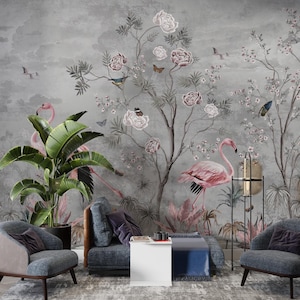 Flamingo Vögel und Rosenbaum Tapete,Flamingo Vögel und Rosenholz Tapete, Flamingo Vögel Themed Wandbild, Rosen, Vögel, Themed Wandbild