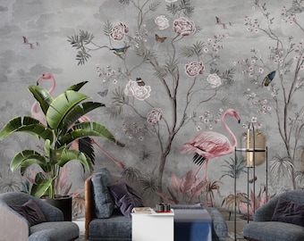 Flamingo & Rose Tree Wallpaper: Birds Themed Wall Mural