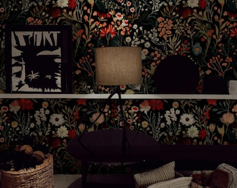 Dark Floral Peel and Stick Wallpaper - Black Background Wall Mural, Chrysanthemums, Roses, White, Pink, Cream Flowers, Detailed Leaves