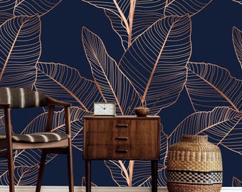 Bronze Leaf Wallpaper: Navy Blue Tropical Mural