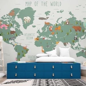 Animals on Earth Kids Map Wallpaper, Political World Map, Nursery Decor Map Wallpaper, Peel and Stick Wallpaper, Nursery Map Wallpaper