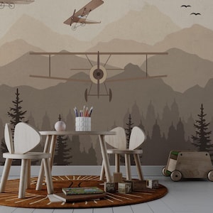 Flugzeuge mit Flügeln über dem Wald Wallpaper, Schälen und Stick, Flugzeuge Kinderzimmer entfernbares Wandbild, Boho Tapete für Kinder, Babyzimmer