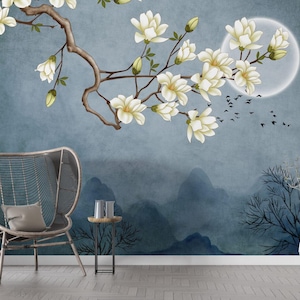 Mandelblüten im Mondschein Wallpaper, Tapete für Wände: Klassische Blumen Tapete Eleganz im Blühenden Rosen Design