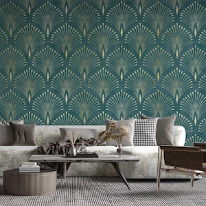 Carta da parati autoadesiva Art Déco verde oro, decorazione murale di lusso rimovibile, stacca e attacca, carta da parati Art Déco, carta da parati geometrica, rimovibile
