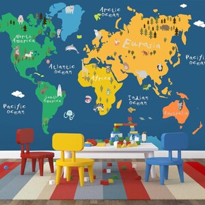 Kinder 3D Tapete mit blauem Hintergrund, Kinder Tapete Weltkarte Wandbild Tiere Wandabdeckung Kinderzimmer Kinderzimmer