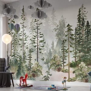 Carta da parati adesiva con foresta di pini ad acquerello / Decorazione autoadesiva per la cameretta dei bambini / Decalcomania in tessuto per la cameretta dei bambini / Carta da parati per la cameretta dei bambini