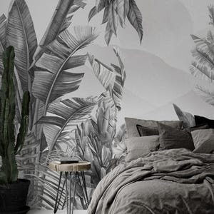 Black and White Tropical Leaves Peel and Stick Wallpaper Mural