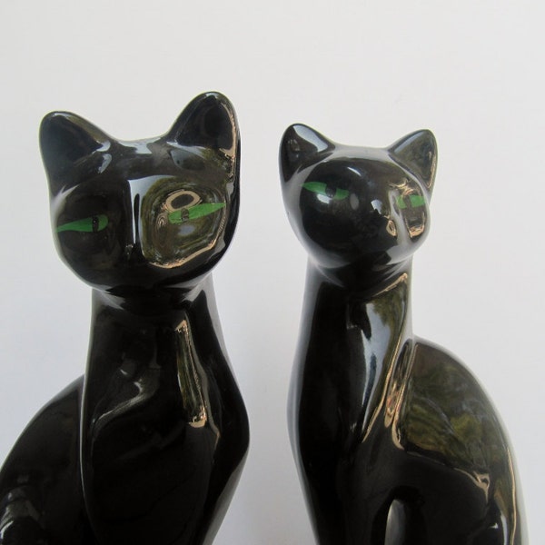 Halloween Mid Century Ceramic Black Cats with Green Eyes