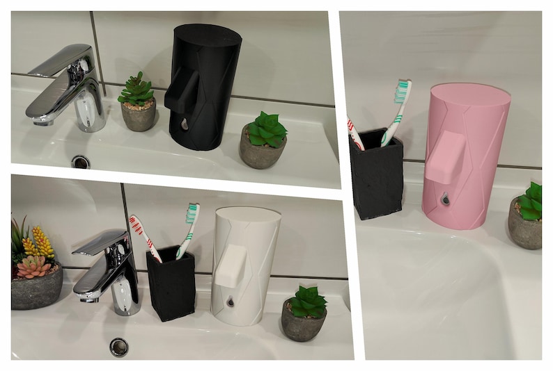 May include: Three bathroom countertop soap dispensers in black, white and pink. Each dispenser has a pump and a round, cylindrical shape. The dispensers are on a white countertop with a sink and faucet in the background.