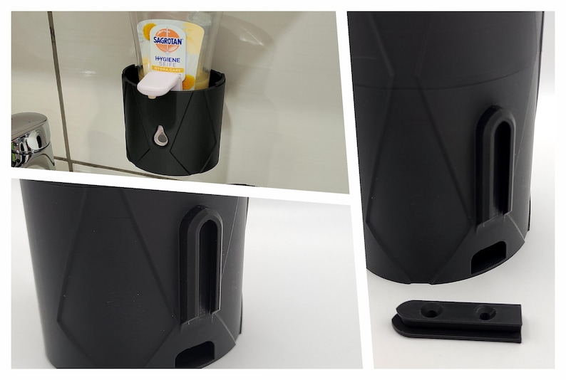 May include: A black plastic soap dispenser with a diamond pattern. The dispenser has a small opening on the side for mounting. The dispenser is mounted on a white tiled wall. The dispenser is holding a bottle of hand soap.