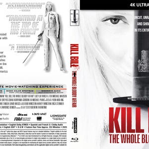 Op de afbeelding: Een 4K Ultra HD Blu-ray hoes voor "Kill Bill: The Whole Bloody Affair". De voorkant toont een vrouw met een zwaard en de titel in het rood. De achterkant bevat tekst en logo's. De film is ongecensureerd.
