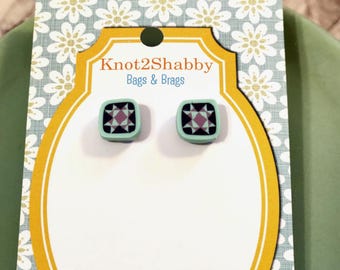 Missouri Star Quilt Stud Earrings • Quilt Inspired Polymer Clay Studs • Handmade Patchwork Jewelry Mint Green and Purple