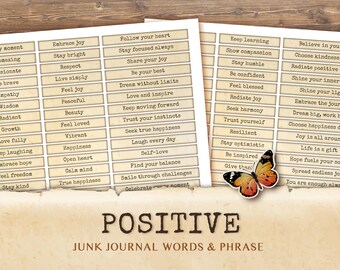 Palabras positivas para diario basura, citas inspiradoras, frases positivas, material efímero para diario basura, palabras para scrapbooking, etiqueta con tira de palabras positivas