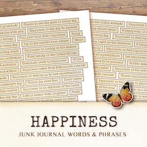 Happy Junk Journal Words, Happiness junk jourInal word, spirational Quotes, Ephemera Word, Junk Journaling Scrapbooking, Strip word