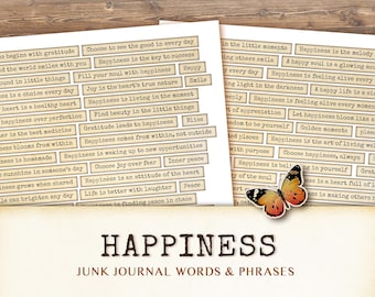Palabras felices para diario basura, palabras de felicidad para diario basura, citas inspiradoras, palabras efímeras, scrapbooking para diario basura, palabras de tira