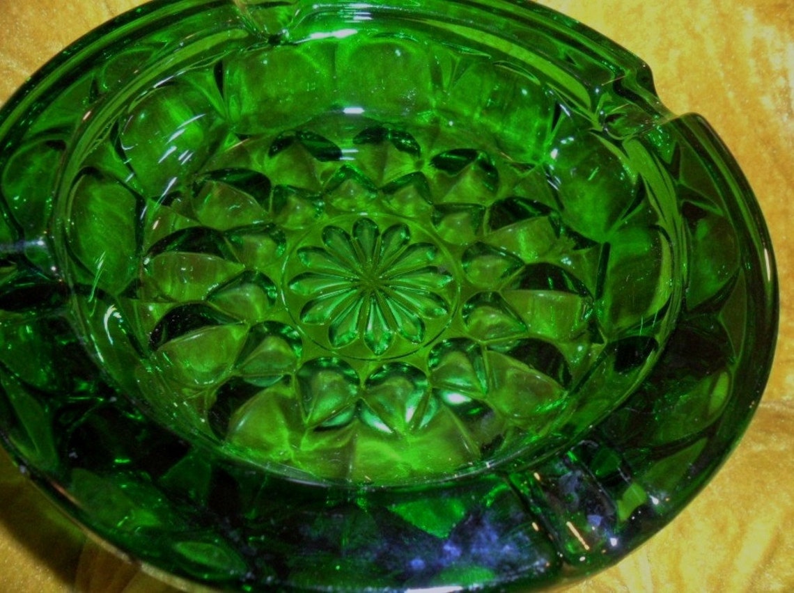 Antique Forest Green Glass Ashtray 1940s Etsy