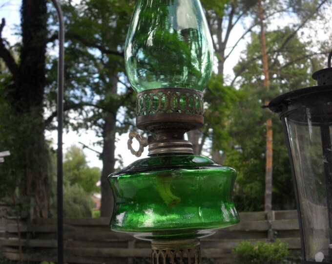 Antique Green Glass Hurricane Lamp Etsy