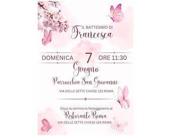 Crea e scarica Invito Battesimo Elegante con Farfalle e Fiori – Personalizzabile | Tema Rosa Acquerello | Biglietto Digitale e Stampabile