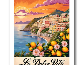 Stampa Costiera Amalfitana, Arte da Parete Italiana, Poster La Dolce Vita, Decorazione Mediterranea, Stampa Vintage Viaggio effetto Dipinto