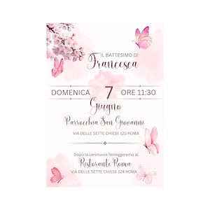 Invito Battesimo Elegante con Farfalle e Fiori. Personalizzabili. Tema Rosa Acquerello. Biglietti stampati su carta martellata “Modigliani”.