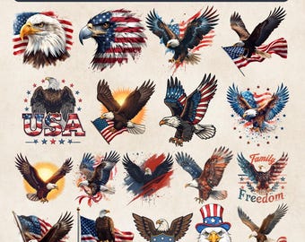 Patriotic Bald Eagle with American Flag Wings | Eagle Clipart Bundle | Digital PNG Download